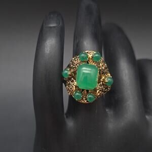 Vintage Green Czech Glass Ring Bronze Tone Filigree Twisted Rope Size 5